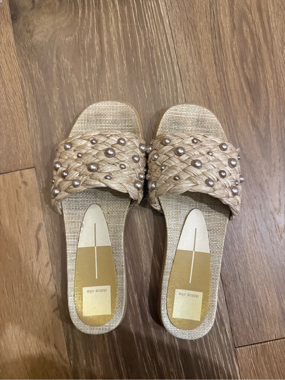 Dolce Vita Braided Pearl-Embellished Slide Sandals in Beige